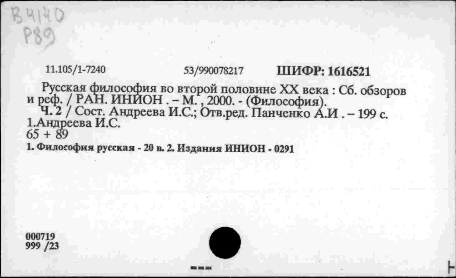 ﻿о
11.105/1-7240	53/990078217 ШИФР: 1616521
Русская философия во второй половине XX века : Сб. обзоров и реф. / РАН. ИНИОН . - М., 2000. - (Философия).
Ч. 2 / Сост. Андреева И.С.; Отв.ред. Панченко А.И . - 199 с 1-Андреева И.С.
1. Философия русская - 20 в. 2. Издания ИНИОН - 0291
000719
999 /23